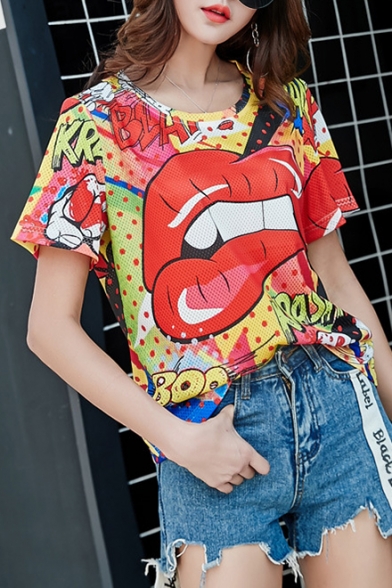 

Women' Funny Lip Print Round Neck Short Sleeve Red T-Shirt, LM524263