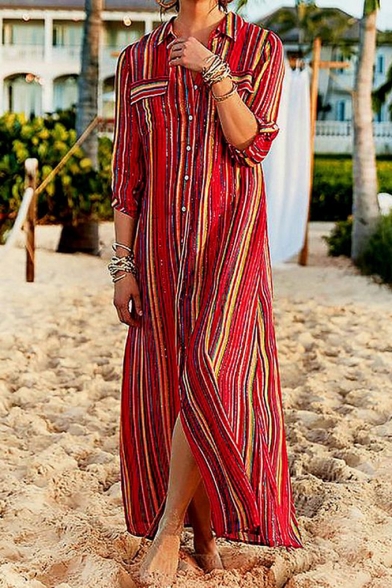 Women's Rainbow Striped Print Long Sleeve Maxi Shirt Dress Beach Dress