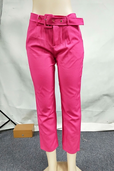 Women's New Stylish Belted Waist High Rise Solid Color Capri Business Suit Pants