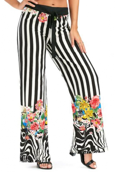 

Women' New Stylish Stripe Floral Printed Tied Front High-Rise Palazzo Wide-Leg Pants, LM518126