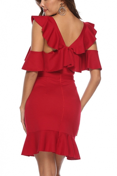 Women's New Trendy Plain Print Ruffle Detail Backless Short Sleeve V-Neck Mini Bodycon Red Dress