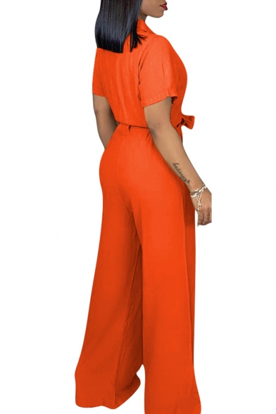 Women's New Trendy Solid Color Short Sleeve Zipper Front Bow-Tied Waist Jumpsuit