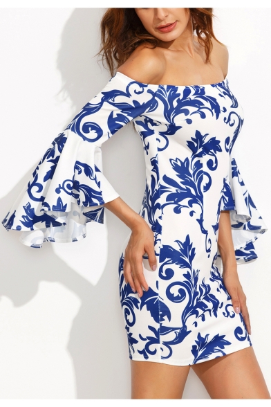 Women's Off Shoulder Flare Sleeve Blue and White Leaf Printed Back Zip Mini Sheath Dress
