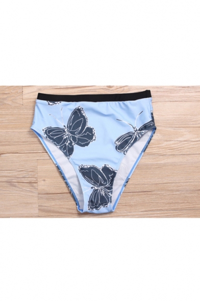 Women's Plus Size Butterfly Printed Long Sleeve Blue Rash Guard Two-Piece Swimwear