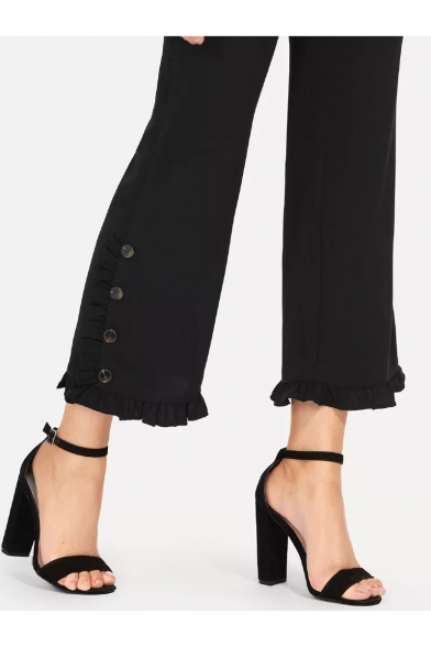 Women's Simple Solid Color High Rise Unique Ruffled Cuff Flare Pants