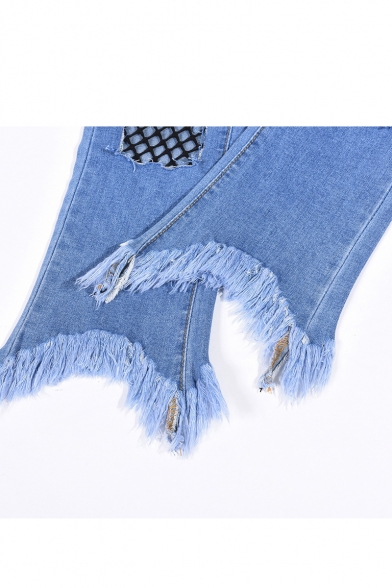 Women's Summer Cool Fishnet Patched Fringed Hem Slim Fit Capri Flared Jeans