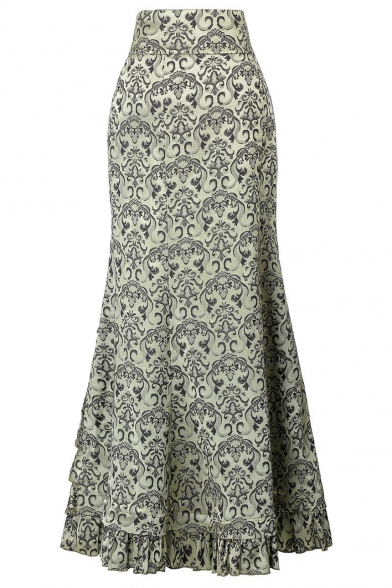 Women's Vintage Floral Printed Lace-Up Side Maxi Victorian Fishtail Skirt