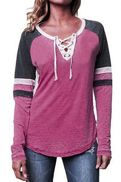 Womens Chic Lace-Up V-Neck Striped Long Sleeve Colorblock Loose Fit T-Shirt