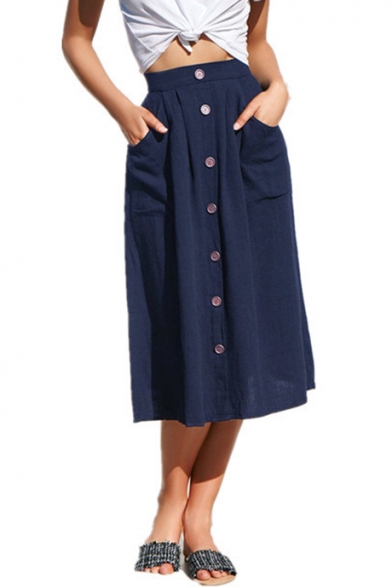Womens Fashion Solid Color Large Pocket Side Button Down Midi A-Line Linen Skirt
