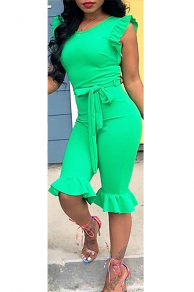 Womens Hot Fashion Solid Color Round Neck Sleeveless Ruffled Hem Tied Waist Slim Fit Jumpsuit