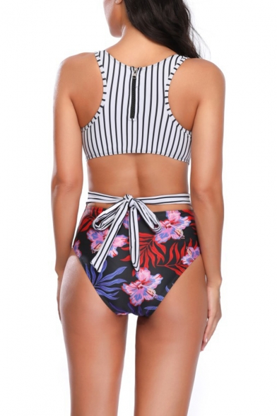 Womens New Stylish Striped Floral Printed Zip Back One Piece Swimsuit
