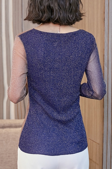 Womens New Trendy Colorblock V-Neck Long Sleeve Drawstring Front Glitter Mesh T-Shirt