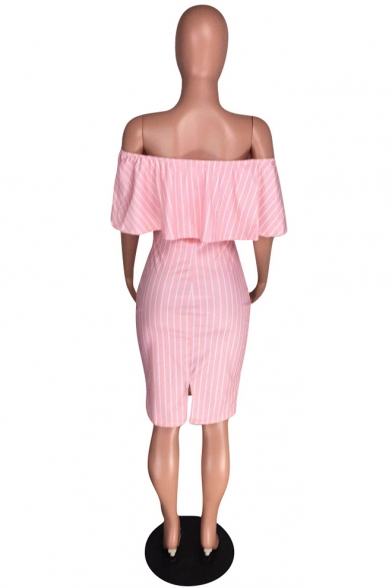 Womens Pink Off the Shoulder Ruffle Sleeve Stripe Midi Bodycon Dress