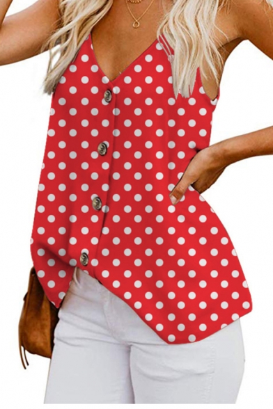 Womens Summer Hot Fashion Polka Dot Printed V-Neck Button Front Casual Cami Top