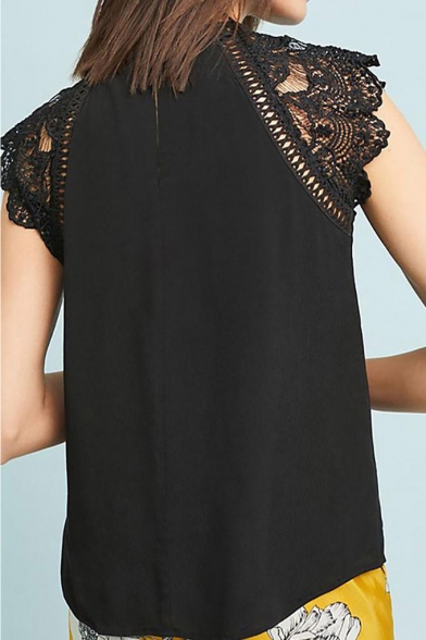 Womens Summer New Trendy Solid Color Hollow Out Lace Panel Sleeveless Chiffon Top