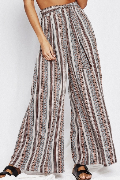 Womens Summer Tribal Striped Printed Tied Front Wide Leg Palazzo Pants