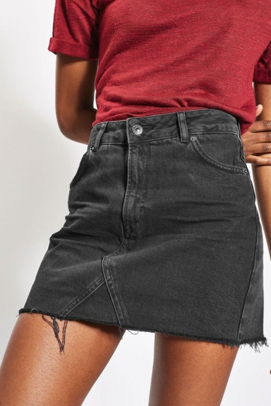 Classic Frayed Hem Solid Color Mini Bodycon Denim Skirt