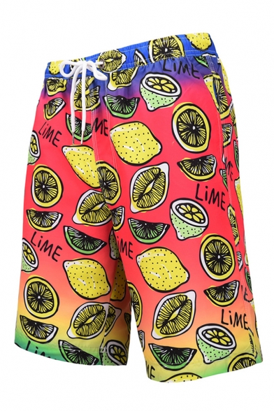 Cool Mens lemon letter Pattern Swim Shorts Trunks with Mesh Lining and Pockets