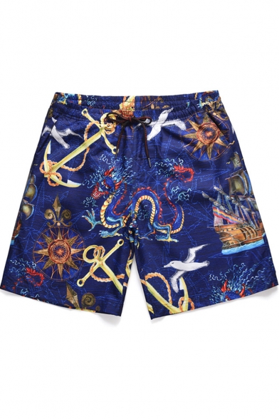Creative Unique Sailing Boat Printed Guys Quick Drying Blue Beach Board Shorts