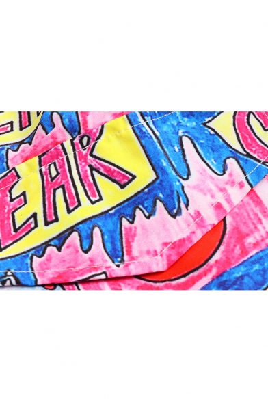Cute Funny Cartoon Red Lip Graffiti Print Guys Pink Beach Swimwear Swim Shorts with Liner
