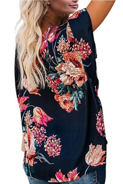 Fashion Batwing Sleeve Stylish Floral Printed Unique Twisted Front Top