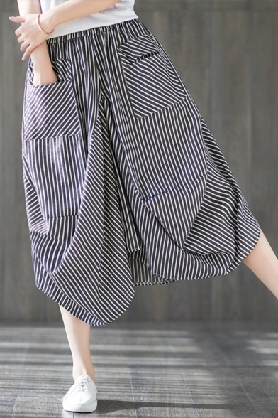 Fashion Black Vertical Stripe Printed Linen Midi Bubble Skirt
