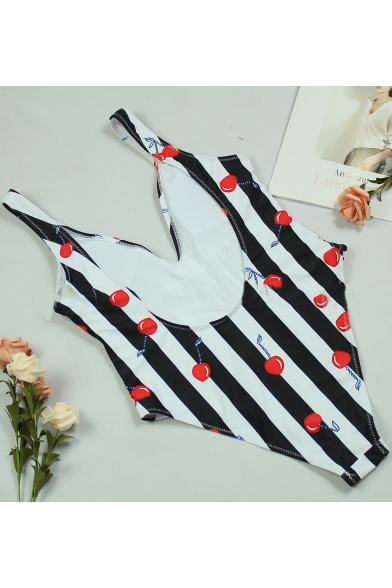 Fashion Cherry Striped Printed Plunged Neck Sexy Low Back High Leg Black and White One Piece Swimsuit Swimwear for Women