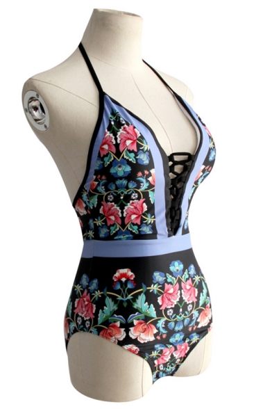 Fashion Floral Pattern Halter Plunged Neck Hollow Out Blue One Piece Swimsuit Swimwear for Women