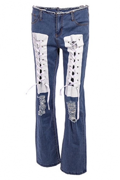 Fashion Fringed Hem Lace-Up Front Distressed Ripped Blue Flared Jeans for Women
