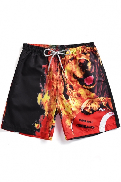 Fire Dog Printed Mens Drawstring Waist Black Casual Beach Shorts Swim Trunks