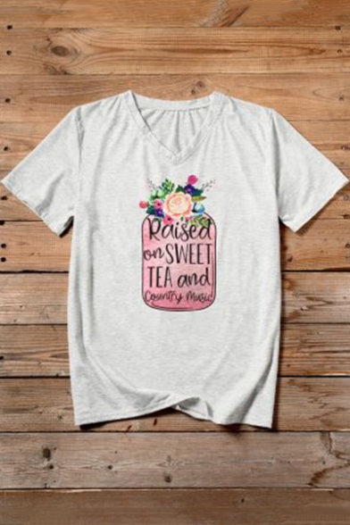 Floral Print Raised On Tea And Country Music Letter V Neck Short Sleeve Gray Graphic Tee