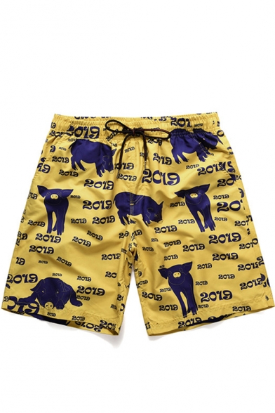 Funny Allover Pig Printed Mens Beach Yellow Board Shorts Swim Trunks