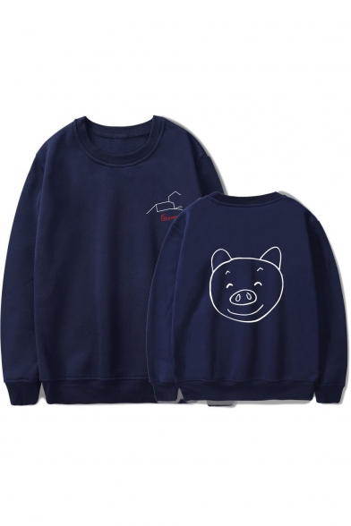 Funny Cartoon Pig Pattern Basic Long Sleeve Round Neck Pullover Loose Relaxed Sweatshirt