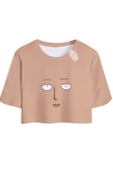 Funny Comic Face Printed Basic Short Sleeve Round Neck Cropped T-Shirt