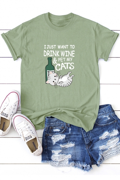 Funny Letter I JUST WANT TO DRINK WINE PET MY CATS Short Sleeve Relaxed Graphic Tee