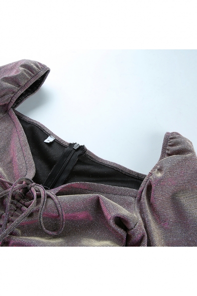 Girls Summer Vintage V-Neck Puff Sleeve Drawstring Front Mini Sequined Purple Dress
