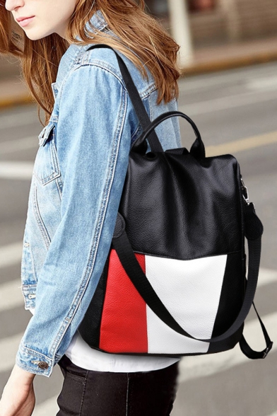 Glamorous Color Block Multipurpose Black PU Leather Shoulder Bag Backpack 31*15*34 CM