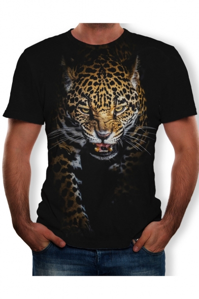 Hot Fashion 3D Leopard Printed Basic Round Neck Short Sleeve Black T-Shirt For Men
