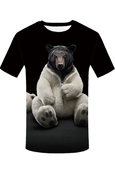 Hot Popular 3D Teddy Bear Printed Basic Round Neck Short Sleeve Black T-Shirt For Men