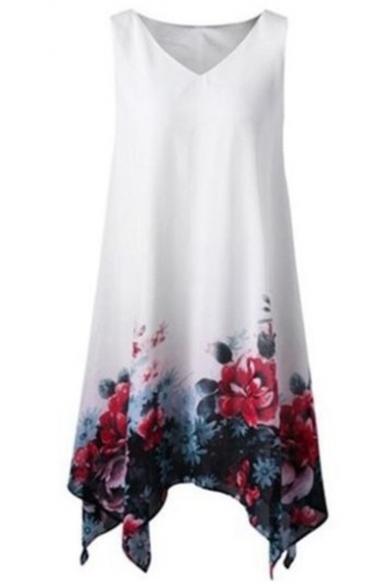 Floral Print V-Neck Sleeveless Midi Asymmetric Hem Chiffon Dress For Women