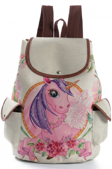 Leisure Unicorn Floral Pattern Linen Khaki Backpack with Side Pockets 28*11*39 CM