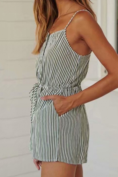 Light Green Vertical Striped Printed Button Front Drawstring Waist Casual Strap Romper for Women