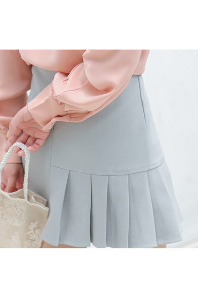 Light Grey Blue High Rise Girls Button Down Pleated Mini A-Line Asymmetrical Skirt