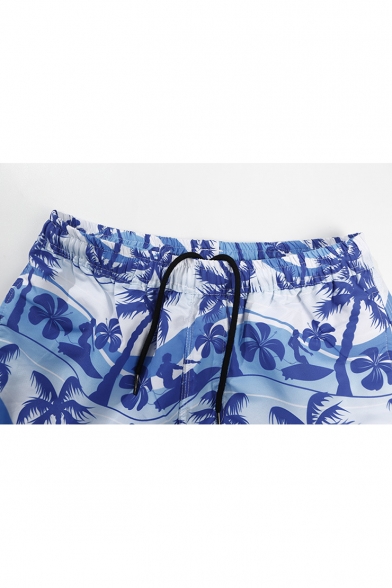 Men's Blue Tropical Coconut Palm Printed Drawcord Waist Loose Fit Quick Dry Swim Trunks