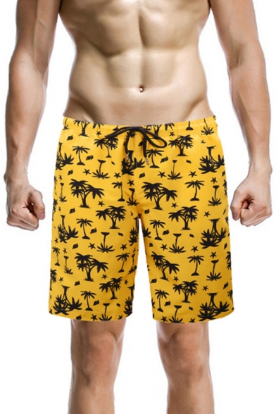 Men's Trendy Tropical Plants Print Drawstring Waist Loose Fit Beach Swim Trunks in Yellow