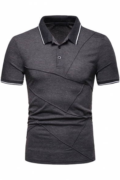 Mens Fashion Rib Collar Tipped Short Sleeve Unique Patchwork Three-Button Front Slim Polo Shirt