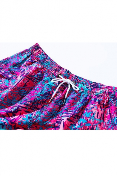 Mens New Trendy Pink Pattern Drawstring Waist Velcro Pocket Casual Loose Beach Swim Trunks