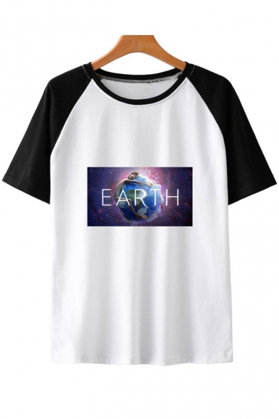 New Fashion Colorblock Short Sleeve Galaxy Earth Print Unisex T-Shirt
