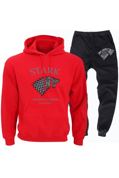 New Fashion Stark Wolf Badge Printed Casual Loose Hoodie with Sweatpants Sport Two-Piece Set
