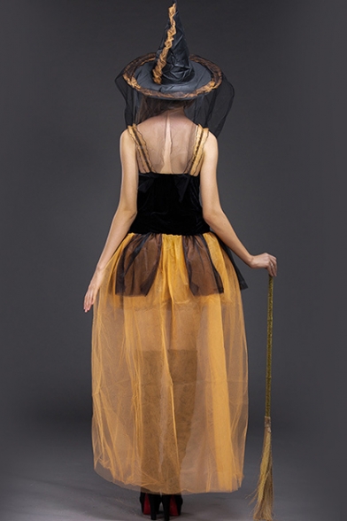 New Fashion Womens Halloween Witch Cosplay Costume Black Corset Top Yellow Mini Mesh Dress